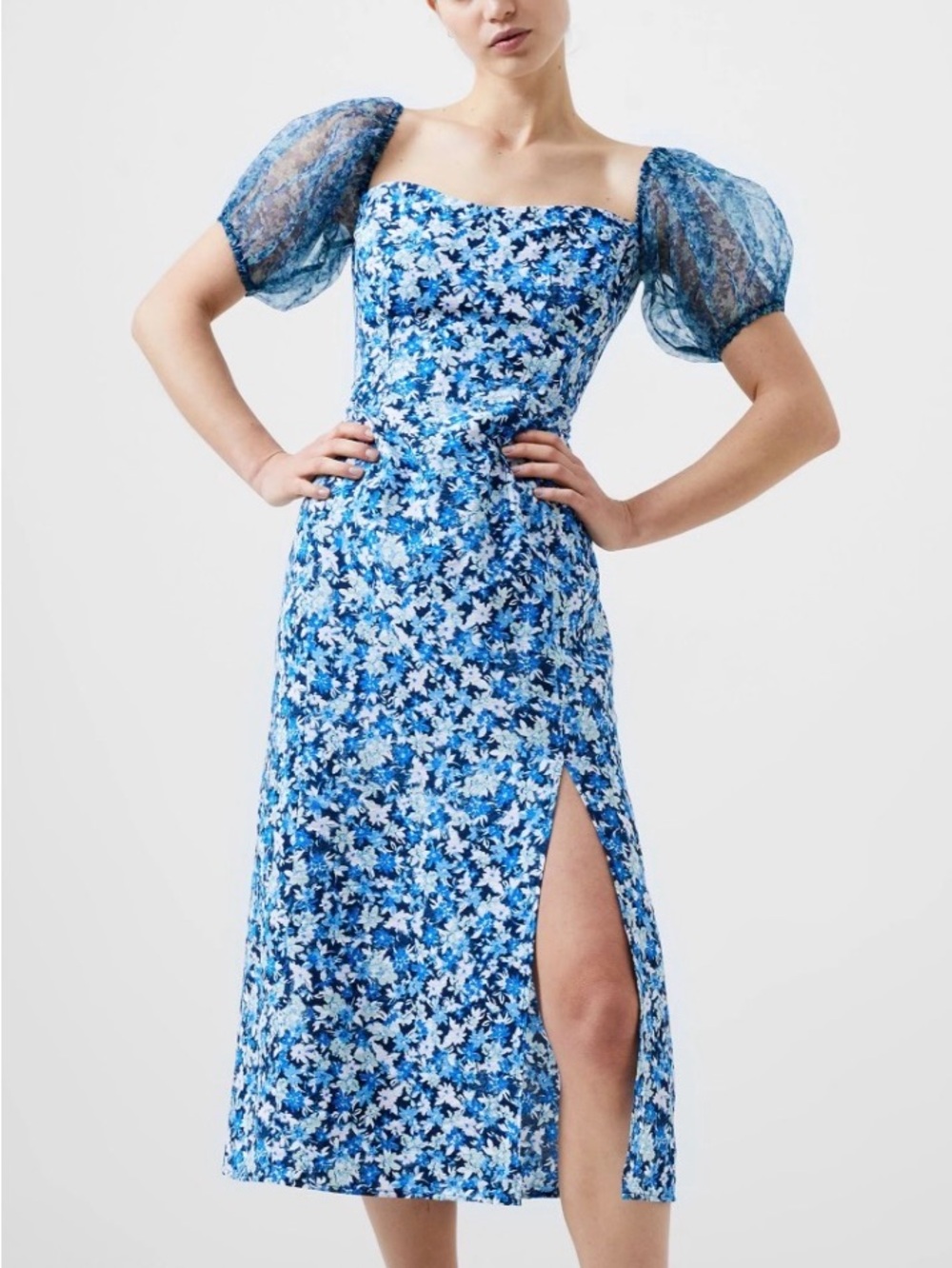 French Connection Blue Floral Puff-Sleeve Midi Dress with Side Slit